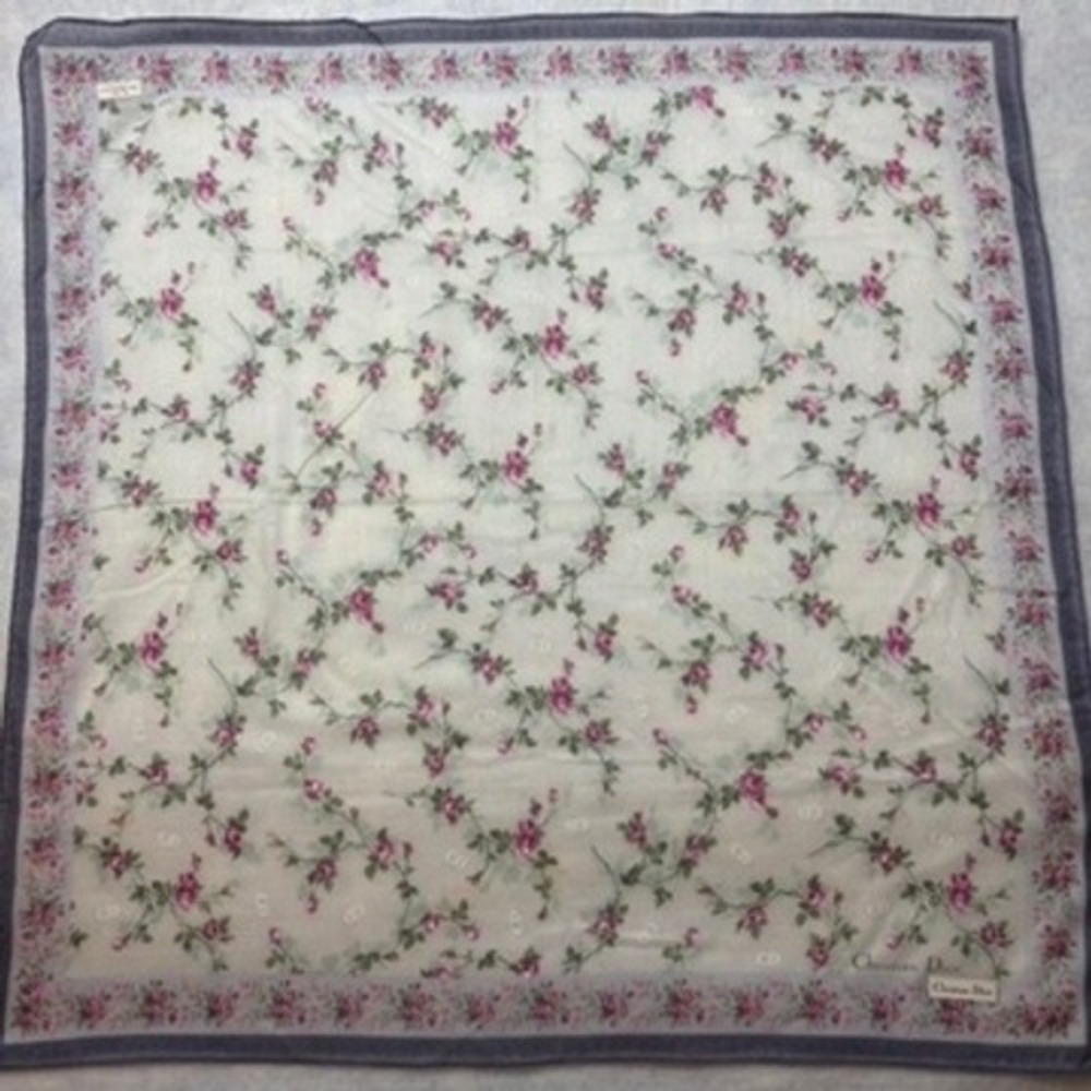 Vtg CHRISTIAN DIOR Scarf Handkerchief Floral Rose Cotton White Pink 19x19